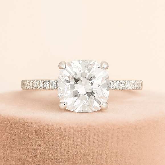 3ct Cushion Cut D, VVS1 Moissanite Pave Ring - Picture 15 of 15